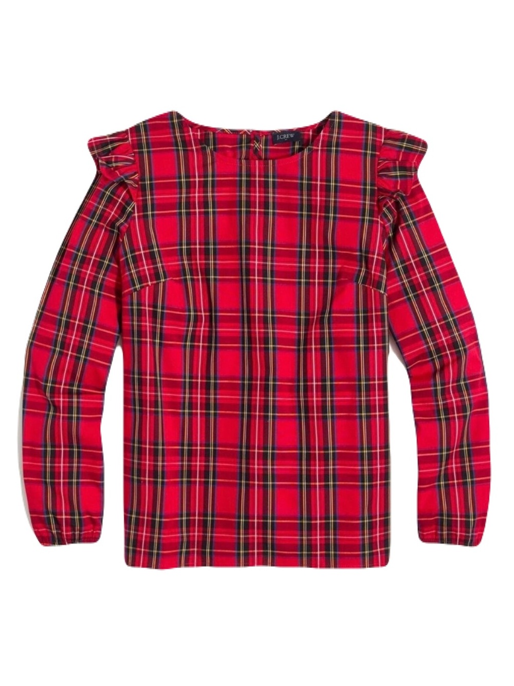 NEW J Crew Womens Size XS Red Black Tartan Plaid Ruffle Trim Woven Cotton Top